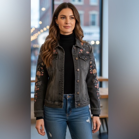 DRIFTWOOD Jackets & Blazers - DRIFTWOOD Black Floral Embroidered Beaded Boho Jean Jacket M/L